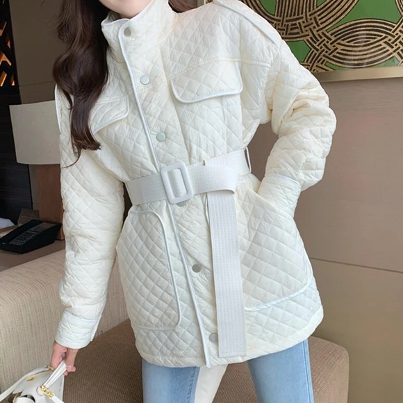 Quilted Jacket coat pocket belt British fashion white button winter outerwear - Picture 4 of 13